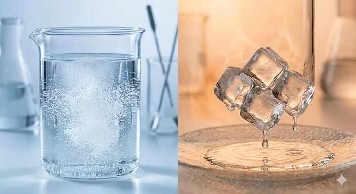 左側に水へ溶け広がる結晶、右側に熱で液体へ変わる氷や金属を対比したイメージ。
