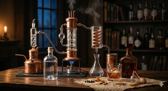 蒸気とガラス器具の印象を伴いながら、ウイスキーや焼酎など蒸留酒の凝縮感を表現したイメージ。