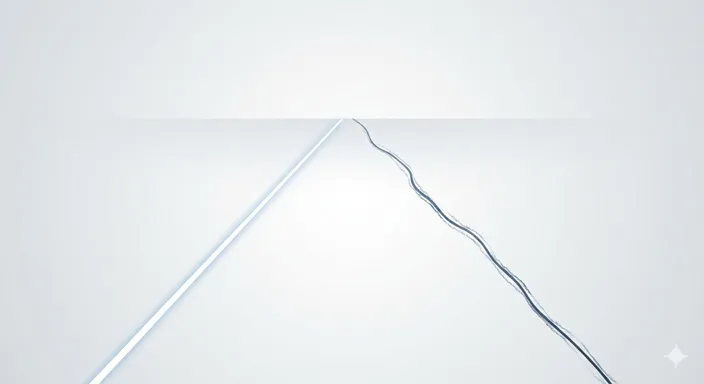 本来は並んで進むはずの二本の線が、途中から少しずつ離れていく様子を表した画像。