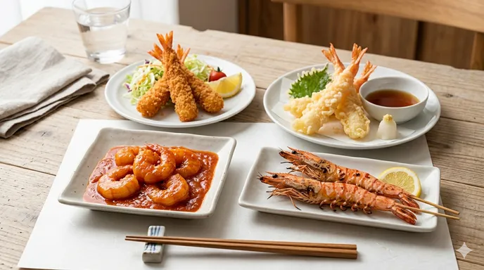 海老フライ、海老天、海老チリなど、日常の料理で親しまれるエビ料理が食卓に並ぶ様子。