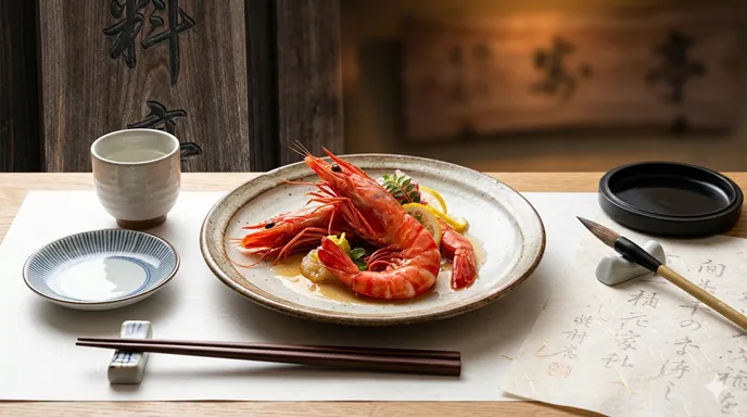 三種類のエビを和食皿・漢字文化を感じる紙面・老舗の木製看板で表現し、「海老」「蝦」「蛯」の違いを象徴した画像。
