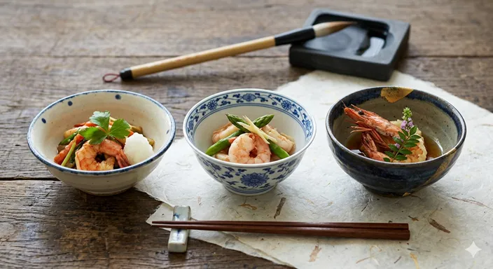 三つの異なる器に盛られたエビと和紙・筆・木目の背景で、「海老」「蝦」「蛯」の使い分けを穏やかに象徴した画像。