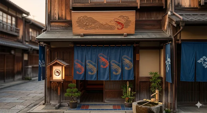 老舗料理店の木製看板や暖簾、赤いエビの意匠で、固有名詞や屋号に使われる「蛯」の個性を表した画像。