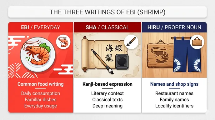 海老、蝦、蛯を「Everyday」「Classical」「Proper Noun」の三軸で比較した英語表記のインフォグラフィック。