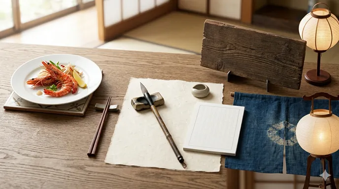 料理皿、原稿用紙、和風看板を並べ、エビ表記が料理・文章・店名で使い分けられることを表した画像。