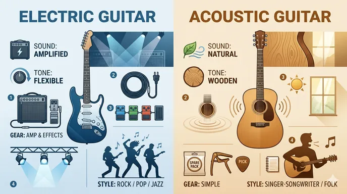 エレキギターとアコースティックギターを、音作り・機材・音量・ジャンルの観点で比較した英語表記のインフォグラフィック。