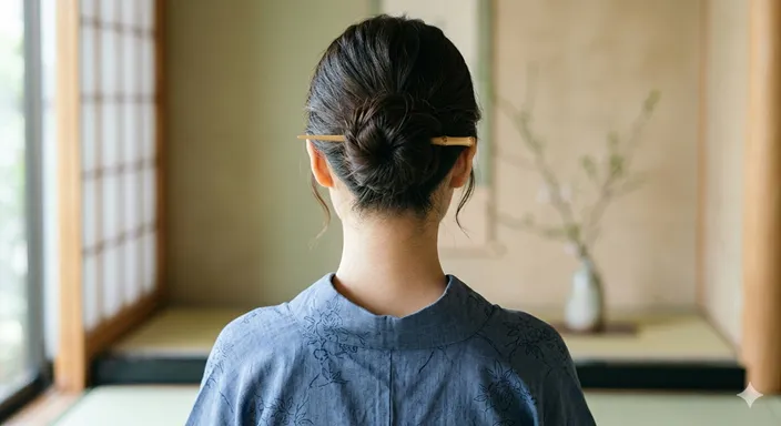 髪を上げた人物の後ろ姿で、首の後ろの肌が美しく見えるうなじのイメージ。
