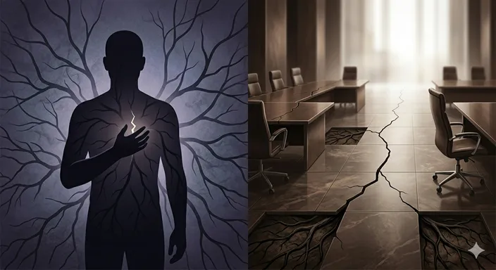 一方では心に残る傷、もう一方では未来へ伸びるひび割れが描かれ、感情の残り方と問題の残り方を対比した画像。