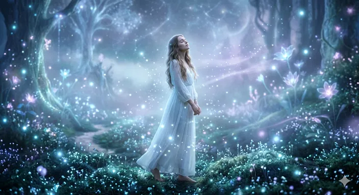 幻想的な光や美しい情景に心を奪われ、うっとりと我を忘れている人物のイメージ。