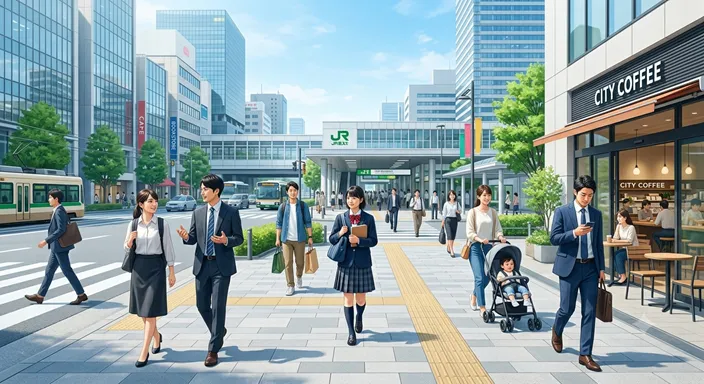 朝の街で駅や職場へ向かって自然に歩いていく人々の様子を表した画像。