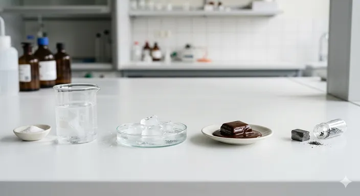 食塩水、氷、チョコレート、金属など身近な「とける」例を並べた自然な理科イメージ。