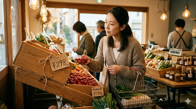 スーパーや雑貨店で商品を手に取り、値札を見ながら買うかどうか迷っている生活者の自然な買い物風景。