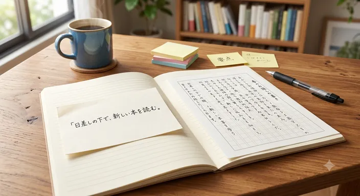 ノートに短い文のカードと長い原稿を並べ、使い分けを確認している学習風景。