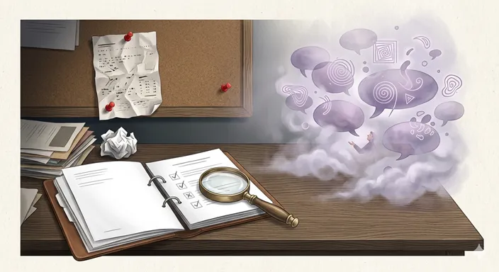 事実確認の書類と、根拠なく広がる曖昧な吹き出しを並べて、虚言と妄言の具体例を示す画像。