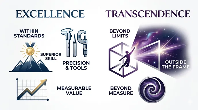 EXCELLENCEとTRANSCENDENCEを、基準内で抜きん出ることと枠組みを越えることとして英語で比較したインフォグラフィック。
