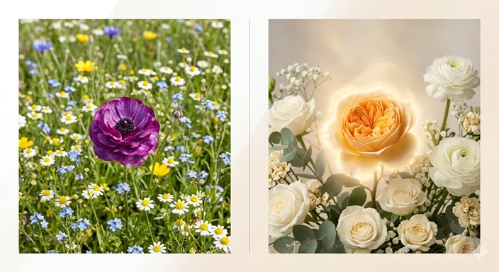 普通とは違う一輪の花と、さらに光をまとって際立つ一輪の花が並び、「特別」と「格別」の違いを象徴している画像。