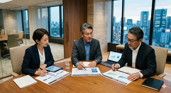3人の経営幹部が、それぞれ異なる資料や画面を見ながら一つのテーブルで議論している様子。