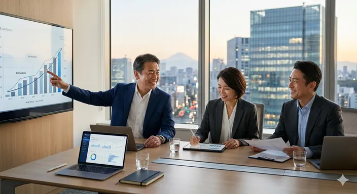 会議室で3人の経営幹部が同じ方向を見ながら協力し、会社の成長に向けて連携している様子。
