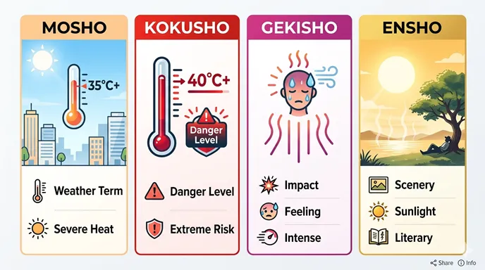 猛暑、酷暑、激暑、炎暑を、気温基準、危険度、体感、情景表現の観点から英語で比較したインフォグラフィック。