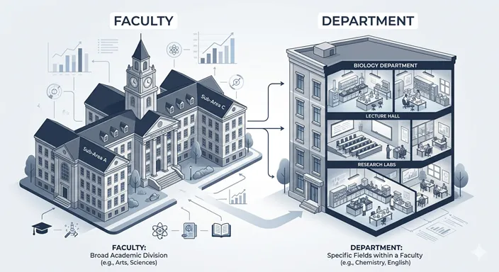 FacultyとDepartmentの違いを、上位のまとまりとその内部にある専門分野の関係として視覚的に整理した比較イメージ。