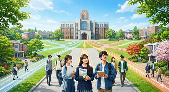大学キャンパスを背景に、大きな建物から複数の学びの道が分かれて広がっていく様子を通して、学部と学科の関係を象徴的に表したイメージ。