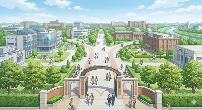 大きな学びの入口から専門分野へと自然につながる道を通して、学部と学科の関係をやさしく総括したイメージ。