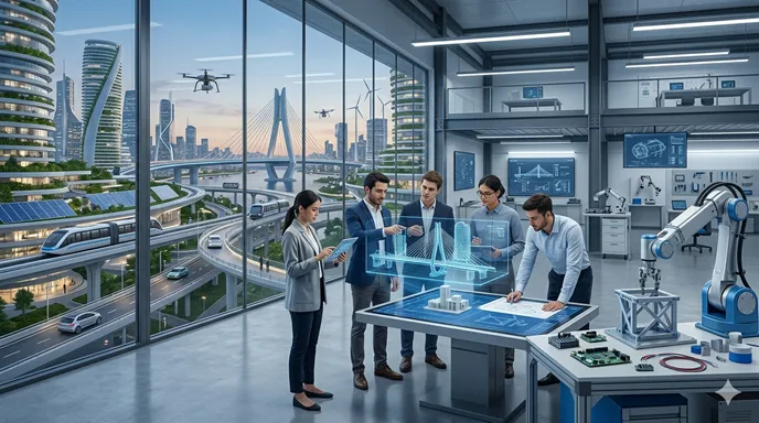 ロボットアーム、都市インフラ、回路、設計図が重なり、科学を使って社会の仕組みを設計する工学部を表した画像。