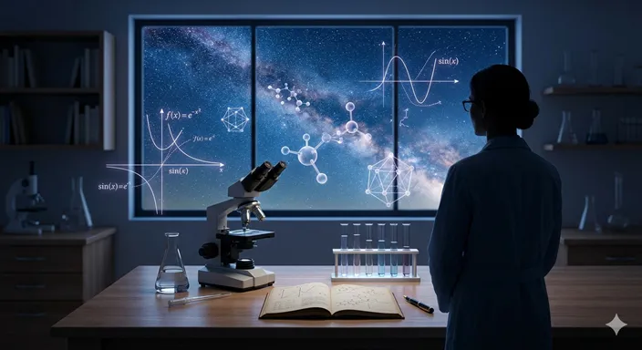 星空、数式、分子構造、顕微鏡が重なり合い、自然界の法則を探究する理学部の学びを表した画像。