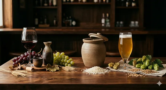 ぶどうや米、麦などの原料と、発酵によって生まれる醸造酒を象徴する自然で豊かなイメージ。