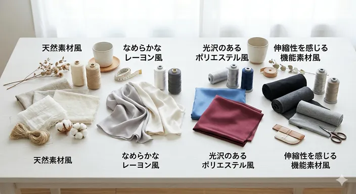 化学繊維という大きな地図の中で、合成繊維や再生繊維などの分類が整理されていることを象徴する画像。