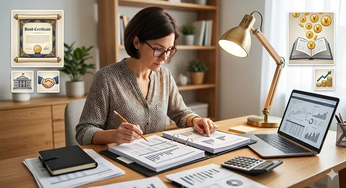 予算資料を読みながら、公債と公債金の使い分けを確認している人物のイメージ。