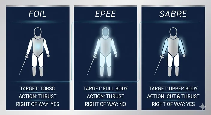 FOIL、EPEE、SABREを有効面、攻撃方法、攻撃権の違いで比較した英語のインフォグラフィック。