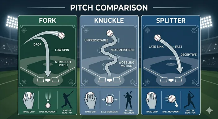 FORK、KNUCKLE、SPLITTERの違いを、movement、speed、spin、usageの観点で整理した英語インフォグラフィック。
