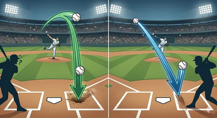 似た軌道を描きつつ、落差と球速の違いで性格が分かれるフォークとスプリットを対比したイメージ。