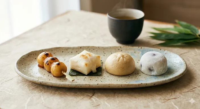 団子、餅、饅頭、大福が一つの和皿に調和して並び、それぞれの違いと和菓子文化の豊かさを表している画像。