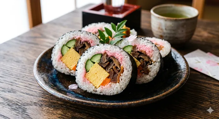 卵焼き、かんぴょう、椎茸、きゅうり、桜でんぶなどが入った太巻きの華やかな断面。