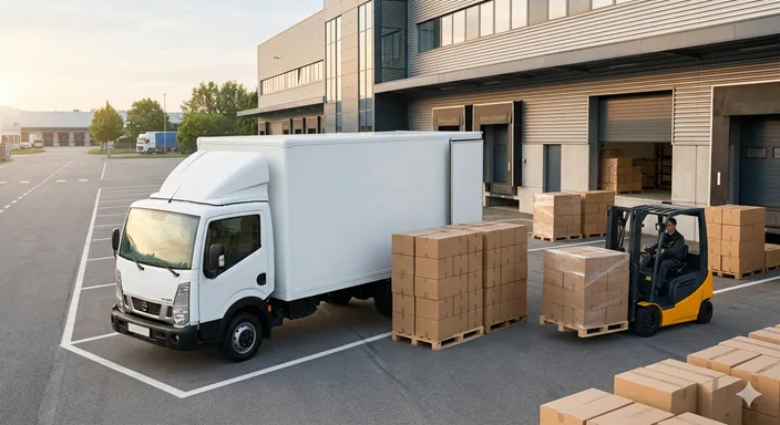 物流センター前で箱型トラックが荷物を運ぶ準備をしている様子。