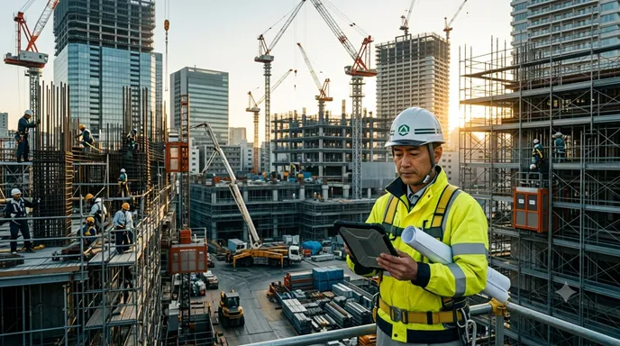 大型建設現場で、設計図を持つ現場監督がクレーンや作業員を統括している様子。