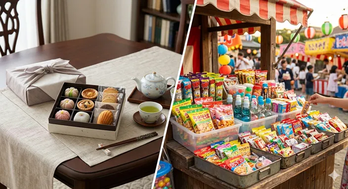 きれいに包装された手土産のお菓子と、イベント向けに並べられた駄菓子を対比した画像。