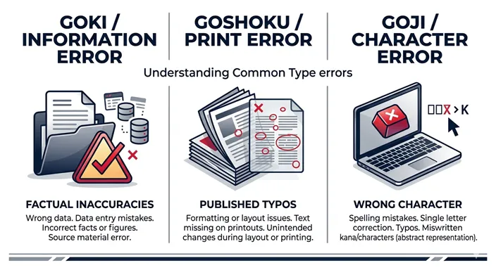 誤記、誤植、誤字を、Information Error、Print Error、Character Errorとして英語で比較したインフォグラフィック。