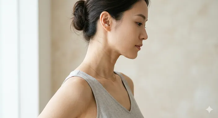 横顔から肩にかけての首のラインが美しく見える人物の横向きイメージ。