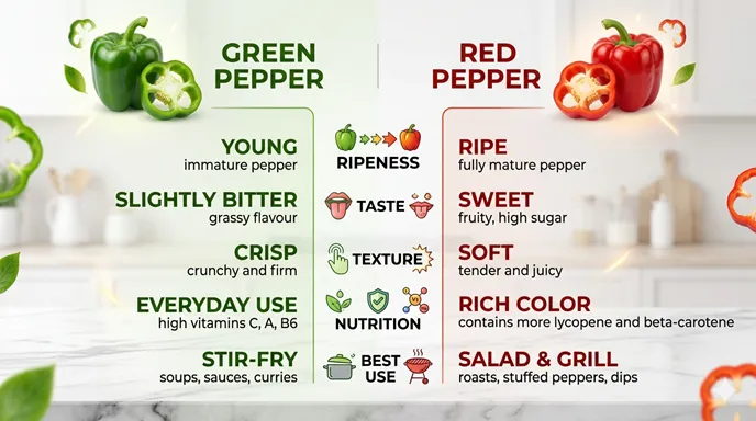 GREEN PEPPERとRED PEPPERを、ripeness、taste、texture、nutrition、best useの英語項目で比較したインフォグラフィック。