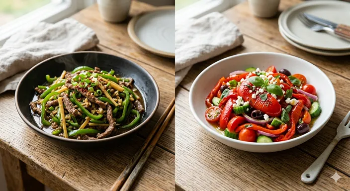 緑ピーマンを使った炒め物と赤ピーマンを使った彩り料理が並び、料理での使い分けを示している画像。