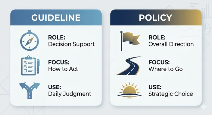 GUIDELINEとPOLICYを、decision supportとoverall directionの違いで比較した英語のインフォグラフィック。