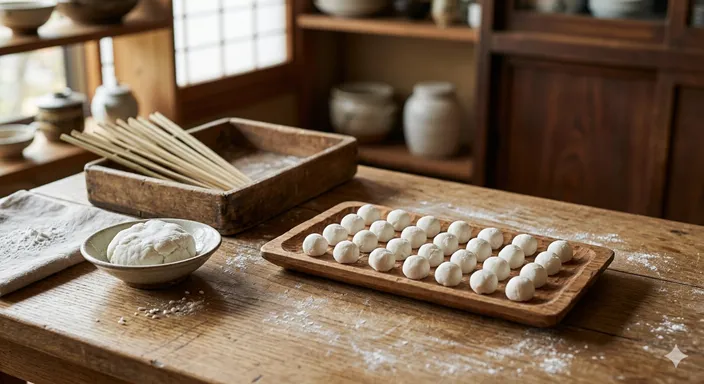 米粉をこねて小さく丸めた団子が木の盆に並び、粉から作る素朴な和菓子であることを表した画像。