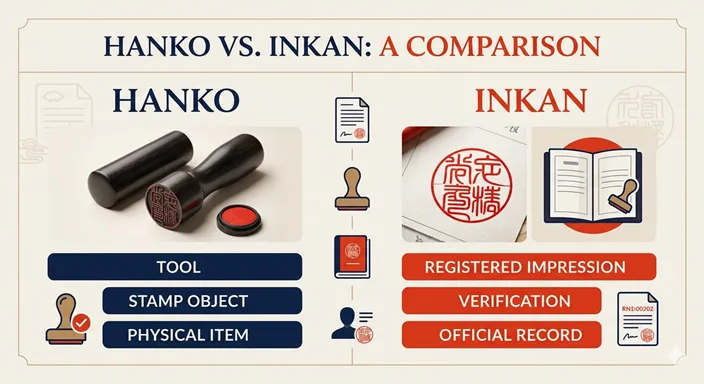 HANKOとINKANの違いを、object、impression、registration、usageなどの観点から比較した英語のインフォグラフィック。