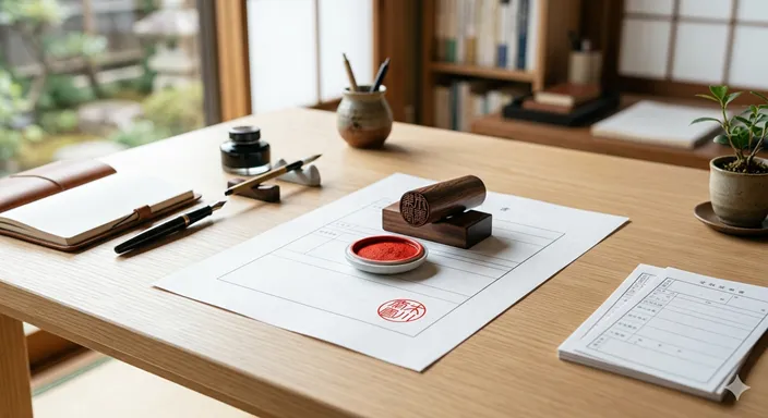 はんこ本体と押された印影、書類が整然と並び、両者の違いとつながりがやさしく整理された印象のイメージ。