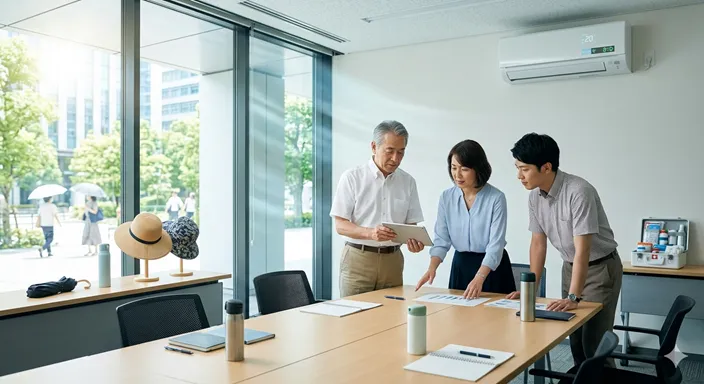 学校、企業、自治体が猛暑や酷暑への安全対策を共有している様子を表した画像。