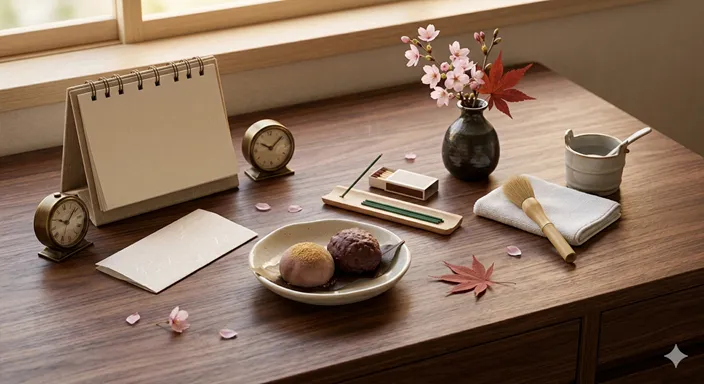 カレンダー、ぼたもちとおはぎ、墓参りの道具が整然と並び、お彼岸の準備を表している様子。