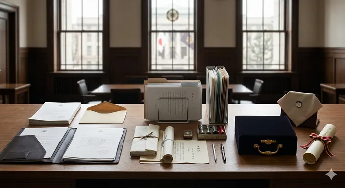 公的な審査や推薦の流れを思わせる書類と儀礼的な道具が整然と並ぶ、信頼感のあるイメージ。